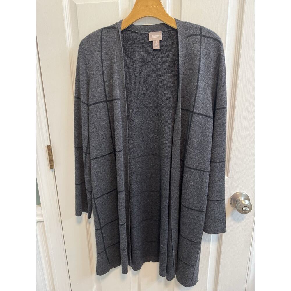 Chicos Size 1 Gray Black Open Long Cardigan Long Sleeve Preowned